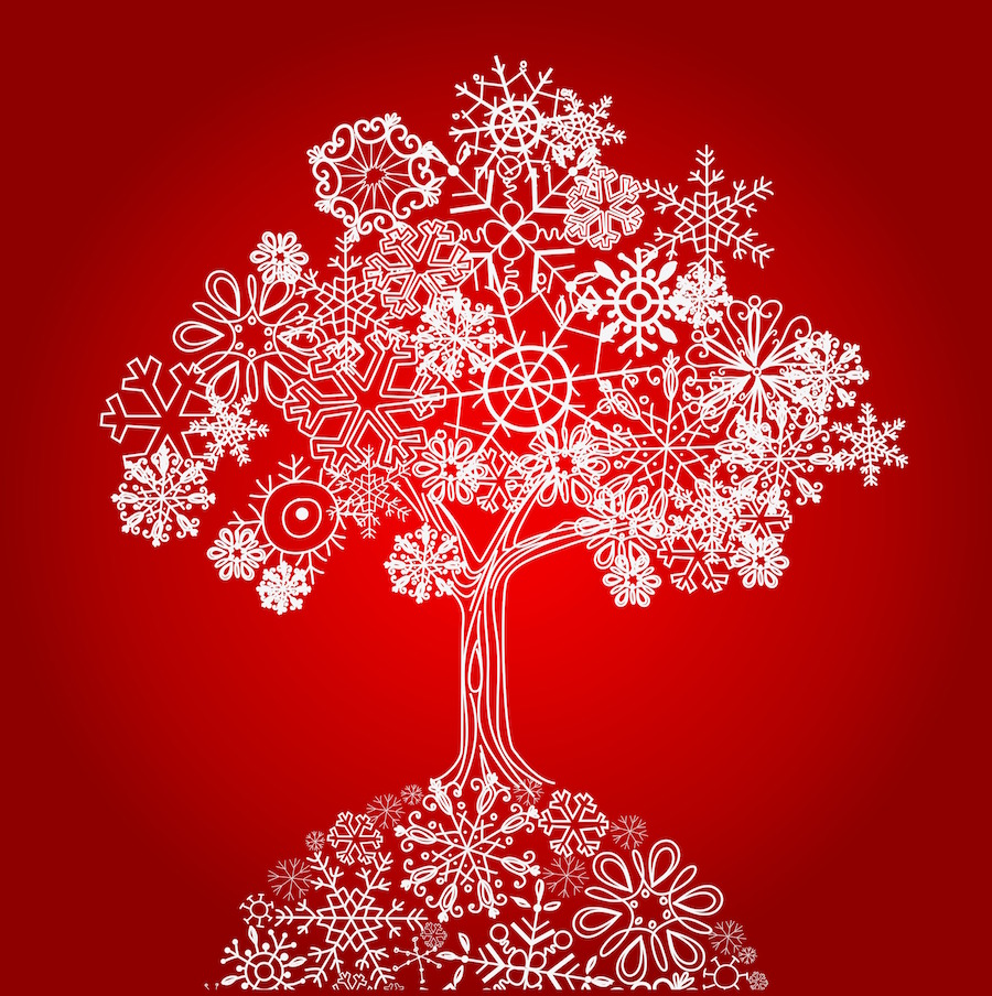 Red Tree with snowflakes-leaves, yule