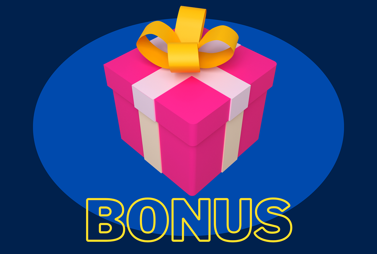 bonuses- pink gift box on blue circle