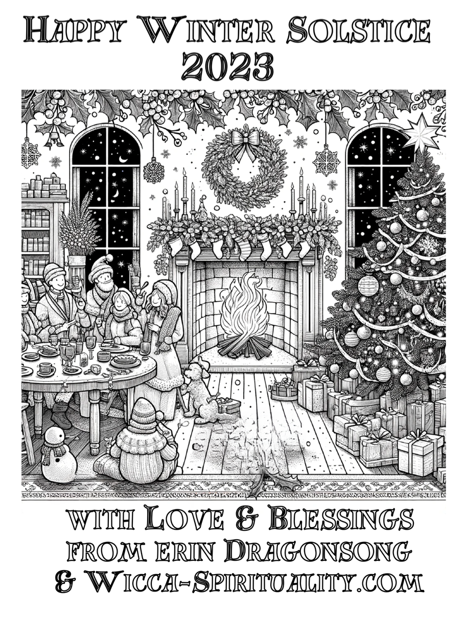 Happy Winter Solstice 2023 Pagan Colouring Page ©erinDragonsong, Wicca-Spirituality.com